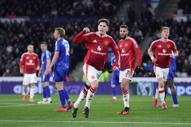 Alejandro Garnacho of Manchester United celebrates after scoring their second goal during the Premier League match between Leicester City FC and...