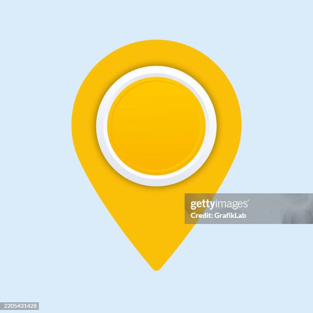 yellow location pin icon isolated light blue background - 3d map marker stock illustrations