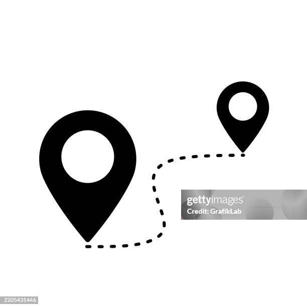 ilustraciones, imágenes clip art, dibujos animados e iconos de stock de icono de ruta punteada conectada con el mapa de ubicación negro - vías públicas