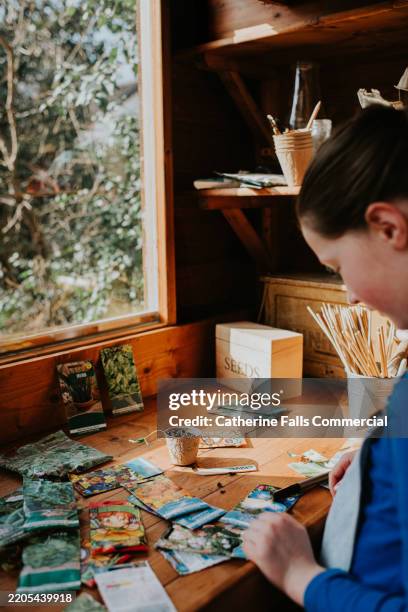 a child is surrounded by seed packets in a potting shed - sachet stock pictures, royalty-free photos & images