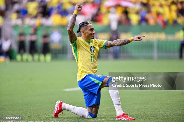 Raphinha of Brazil celebrates after scoring his team's first goal during the South American FIFA World Cup 2026 Qualifier match between Brazil and...