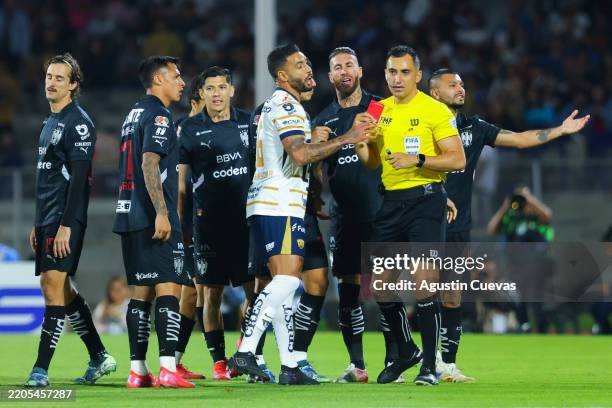 Sergio Ramos of Monterrey gets a red card during the 12th round match between Pumas UNAM and Monterrey as part of the Torneo Clausura 2025 Liga MX at...