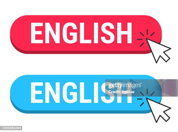 illustrazioni stock, clip art, cartoni animati e icone di tendenza di inglese - pulsanti rossi e blu con cursore su sfondo bianco - lingua inglese