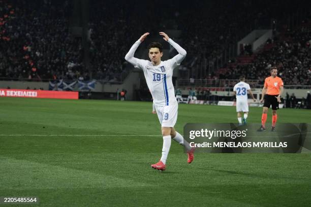 Greek midfielder Konstantinos Karetsas reacts during the UEFA Nations League quarter-final first leg match between Greece and Scotland at Karaiskakis...