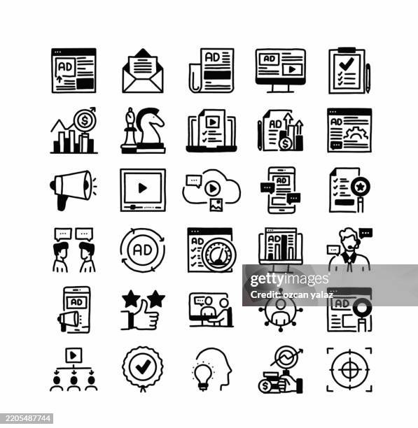 digital marketing related hand drawn vector doodle icon set - multichannel marketing stock illustrations