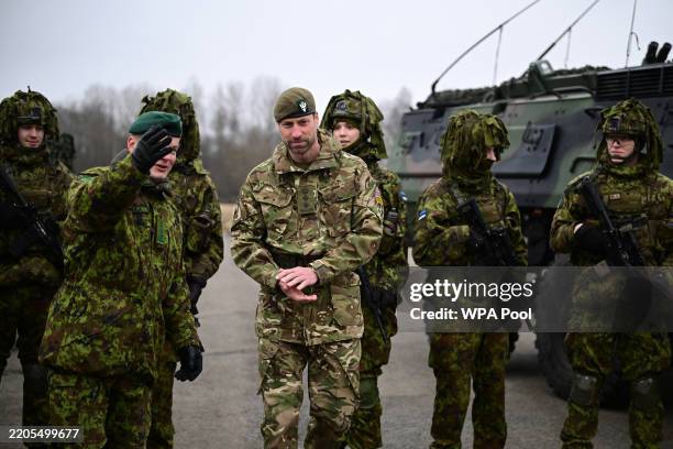 Prince William meets with Estonian Troops at Tapa camp on March 21, 2025 in Tallinn, Estonia. During The Prince of Wales visit to Estonia he will...