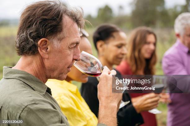 senior man and group examining red wine at tasting event - pokolbin stock pictures, royalty-free photos & images