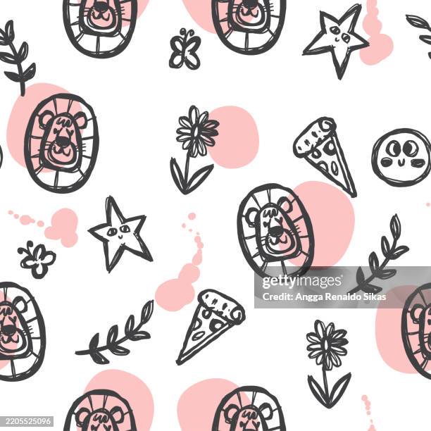 lion head, pizza, flowers, plant and stars doodle seamless pattern - insect head white background stock illustrations