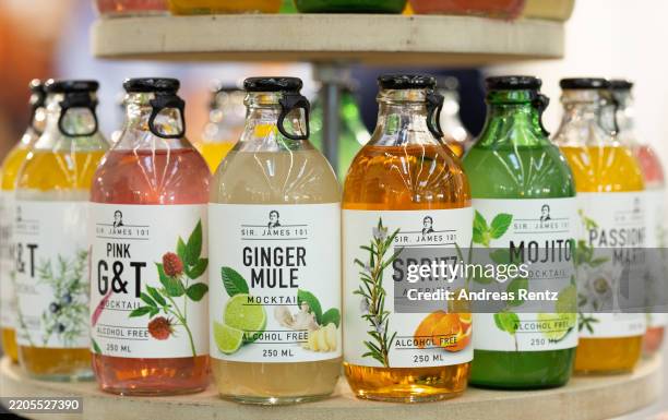 Non-alcoholic Mocktail bottles are pictured at a Proxydrinks booth at the ProWein International Trade Fair for Wines and Spirits on March 17, 2025 in...