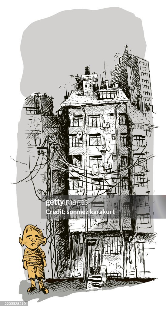 Suburban neighbourhood and a boy