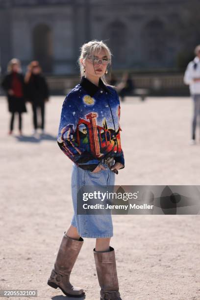 Guest seen wearing Miu Miu silver sunglasses, chunky hoop earrings, Casablanca colorful cropped quilted jacket, brown studded leather belt, light...