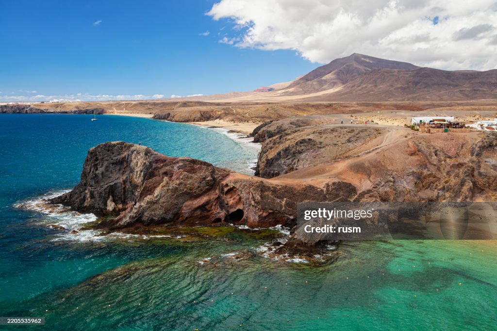 Aerial panorama of Mirador de Papagayo rock and Papagayo Beach (Playa del Papagayo and Playa del Cera), Lanzarote, Canary islands, Spain.