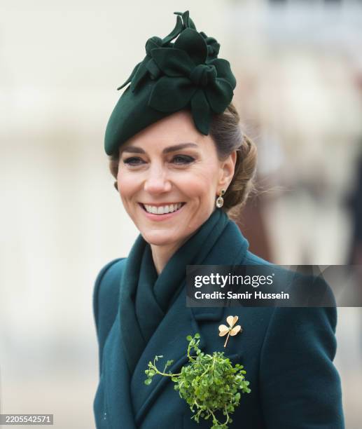 Catherine, Princess of Wales attends the 2025 Irish Guard's St. Patrick's Day Parade at Wellington Barracks on March 17, 2025 in London, England.