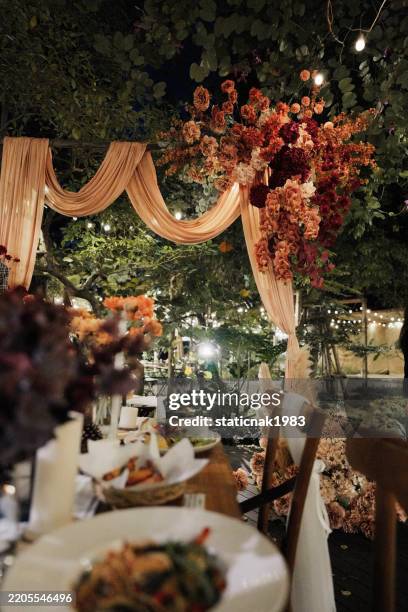 picture of catering service with food and drinks prepared in the restaurant for wedding guests. - wedding reception stock pictures, royalty-free photos & images