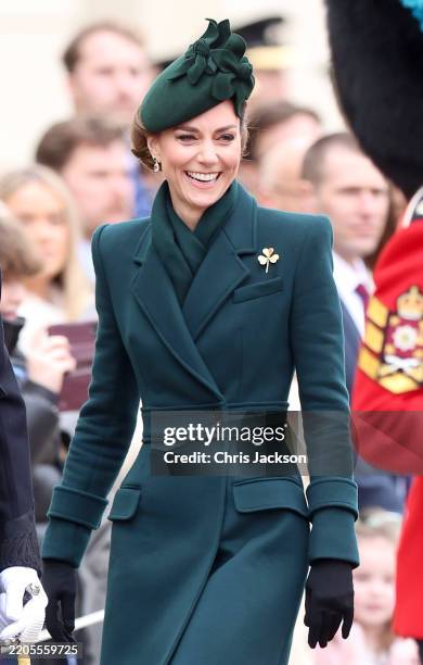 Catherine, Princess of Wales smiles during the 2025 Irish Guards' St. Patrick's Day Parade at Wellington Barracks on March 17, 2025 in London,...