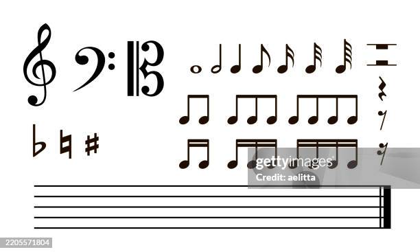 illustrazioni stock, clip art, cartoni animati e icone di tendenza di illustrazione vettoriale di simboli musicali. - sheet-music-icon