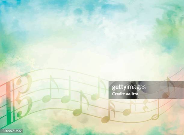 teil eines notenblattes auf einem bunten aquarellhintergrund. - klassisches konzert stock-grafiken, -clipart, -cartoons und -symbole