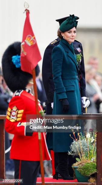 Catherine, Princess of Wales takes the salute as she attends the 2025 St. Patrick's Day Parade at Wellington Barracks on March 17, 2025 in London,...