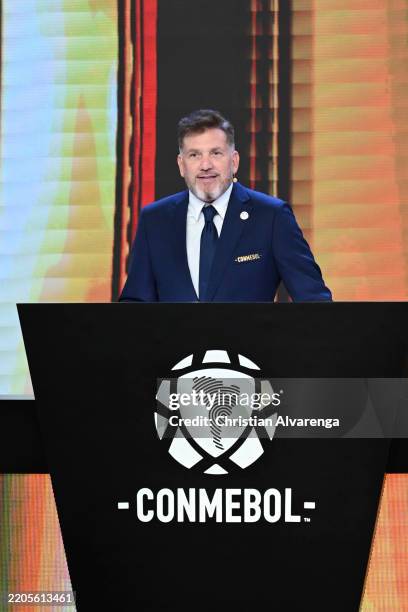 President of CONMEBOL Alejandro Dominguez speaks during the Copa CONMEBOL Libertadores and Sudamericana 2025 draw on March 17, 2025 in Luque,...