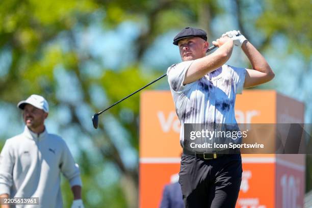 Harry Hall of England plays his shot from the first tee during the second round of the Valspar Championship 2025 at Innisbrook Resort and Golf Club...