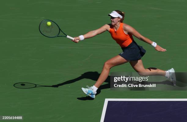 Mirra Andreeva plays a forehand against Aryna Sabalenka during the Women's Singles Final of the BNP Paribas Open at Indian Wells Tennis Garden on...