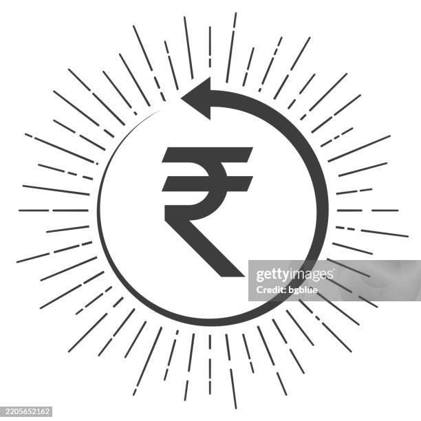 indian rupee with back arrow. icon with sunbursts on white background - rupee stock illustrations