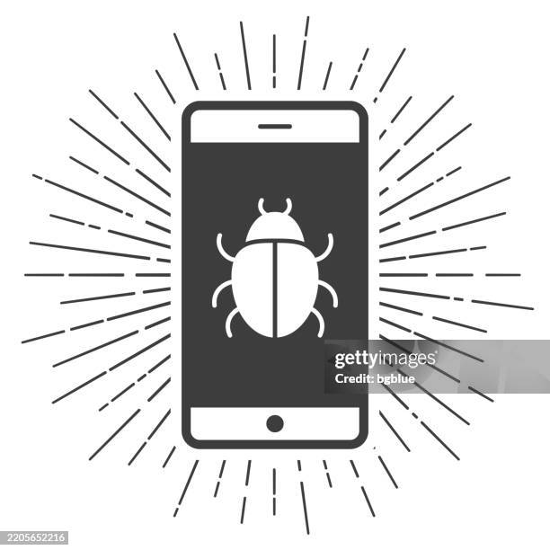 smartphone with bug. icon with sunbursts on white background - ransomware screen stock illustrations