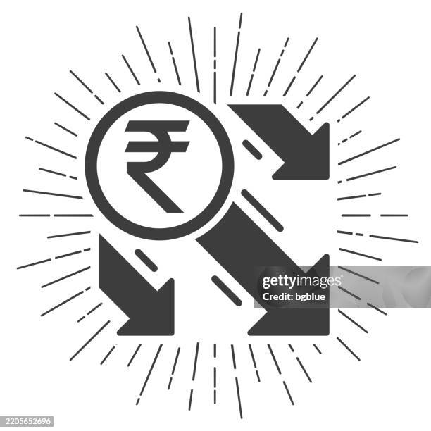 indian rupee decrease. icon with sunbursts on white background - rupee down stock illustrations