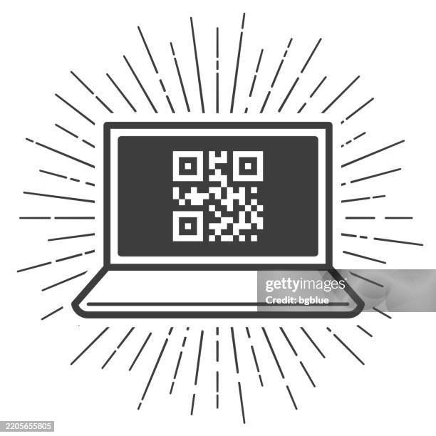 laptop with qr code. icon with sunbursts on white background - qr code scan icon stock illustrations