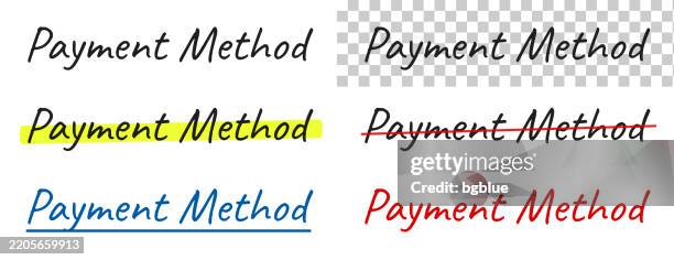 payment method - handwritten text, highlighted, crossed out, underlined on blank background - methodist logo stock illustrations