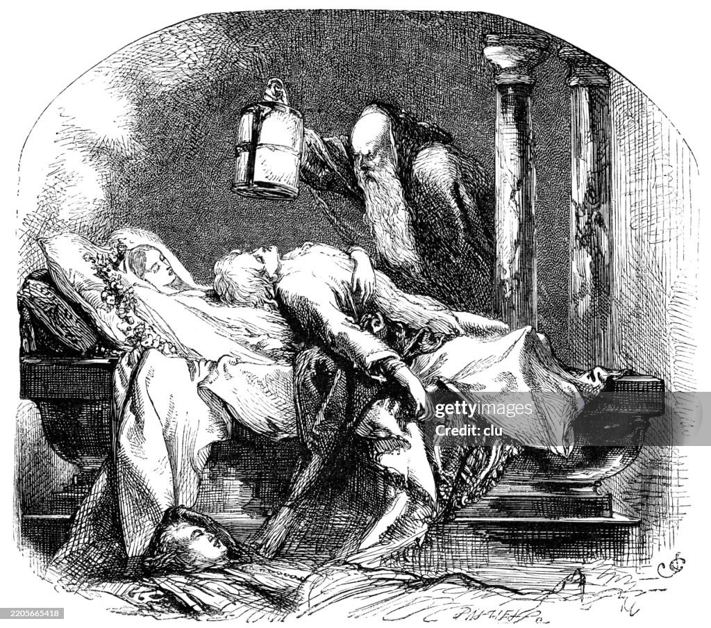 Play of William Shakespeare, Romeo and Juliet, old man looking at a dead young couple lying on a bed