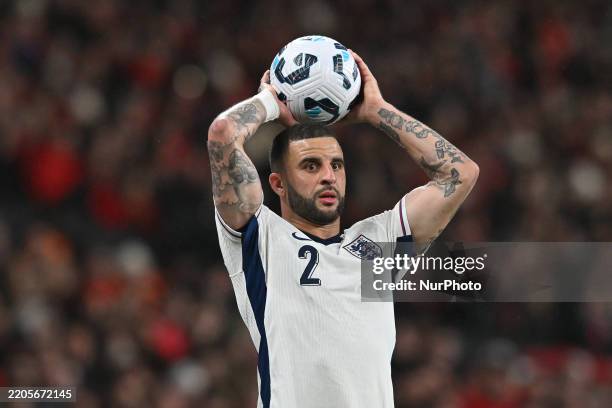 Kyle Walker takes a throw-in during the FIFA World Cup 2026 Group K qualifying match between England and Albania at Wembley Stadium in London,...