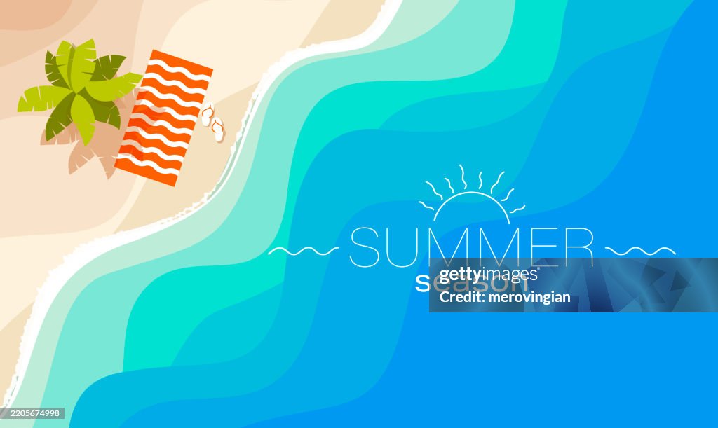 Aerial view of summer beach, blue ocean warm sands with accessories and palm tree