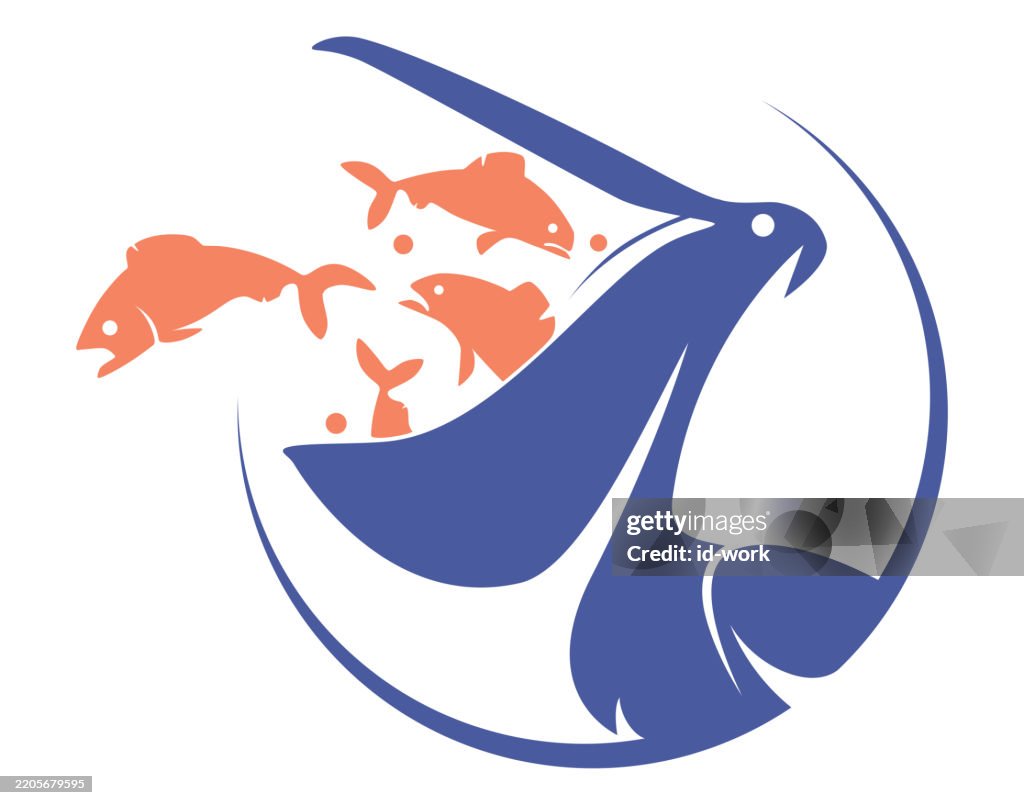Pelican catching fishes icon