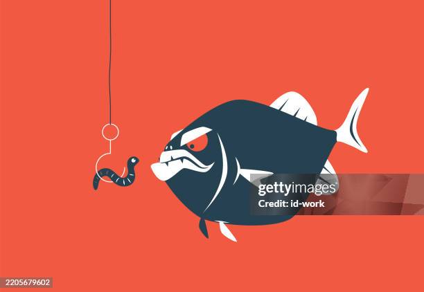 wütender fisch schaut wurm mit angelhaken - anreiz stock-grafiken, -clipart, -cartoons und -symbole