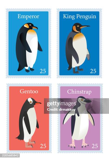 penguins stamp, emperor and king penguin - gentoo penguin stock illustrations