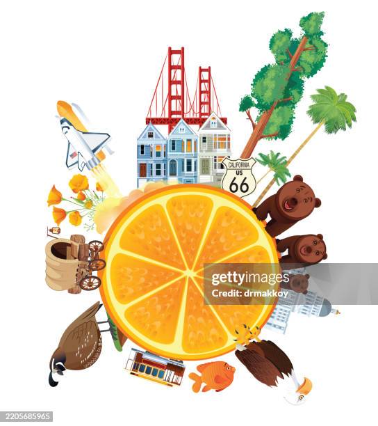 illustrazioni stock, clip art, cartoni animati e icone di tendenza di simboli di viaggio della california e fetta d'arancia - grande bacino degli stati uniti occidentali