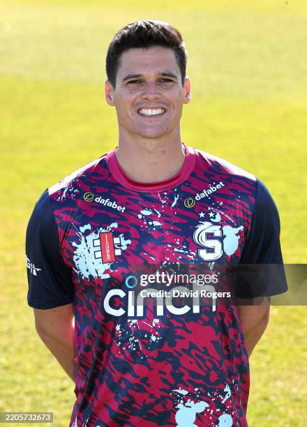 Liam Guthrie wearing the Vitality T20 Blast kit poses for a portrait during the Northamptonshire CCC photocall at the County Ground on March 18, 2025...
