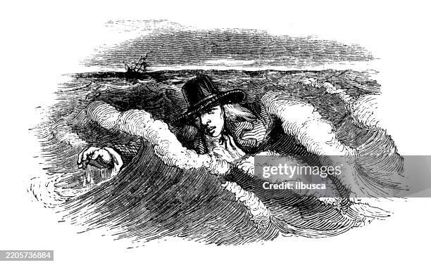 gullivers reisen von jonathan swift, antike illustration (1856) - schiffbrüchiger stock-grafiken, -clipart, -cartoons und -symbole