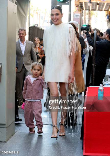 Jaron Varsano, Daniella Varsano and Gal Gadot attend the ceremony honoring Gal Gadot with a Star on the Hollywood Walk of Fame on March 18, 2025 in...