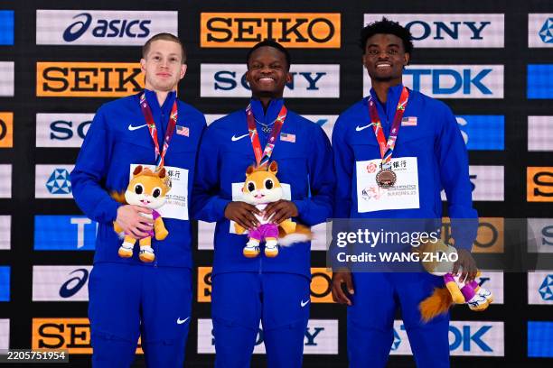 Gold medalist USA's Christopher Bailey , Silver medalist USA's Brian Faust and Bronze medalist USA's Jacory Patterson pose for a picture on the...