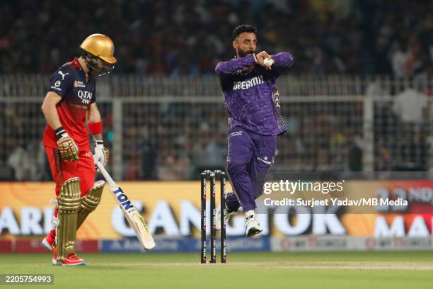 Varun Chakravarthy of Kolkata Knight Riders during the 2025 IPL match between Kolkata Knight Riders and Royal Challengers Bengaluru on March 22 in...