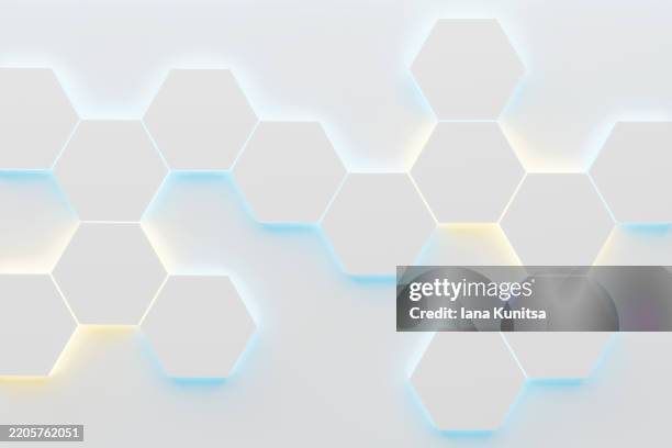 white 3d hexagon geometric shapes with soft blue and yellow light effect. modern futuristic pattern. abstract minimalism innovation technology background for text and designs. - medical abstract stock pictures, royalty-free photos & images