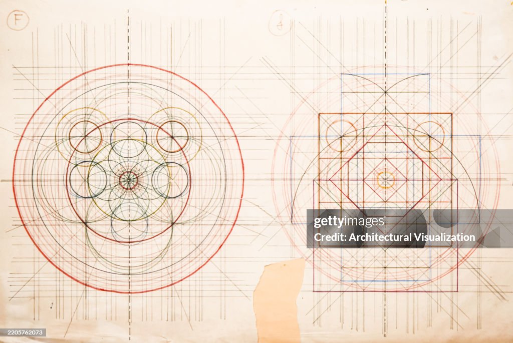 Geometric Drawing Blueprint With Symmetrical and Circular Patterns Illustrating Art Concepts