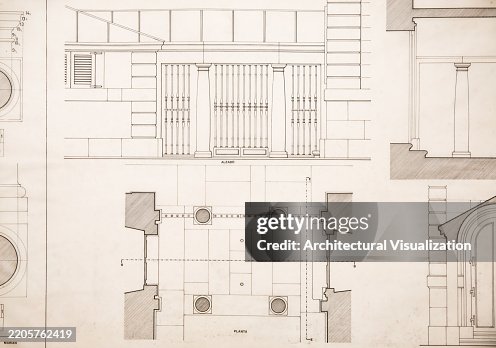 Architect handmade plan and sections drawings displaying classical building design and structure Architect handmade plan and sections drawings displaying classical building design and structure