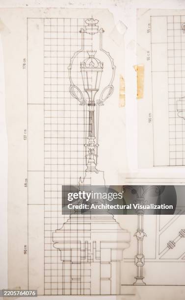 architectural drawings featuring lamp posts and structural elements of an old bridge with detailed designs - driveway gate stock illustrations