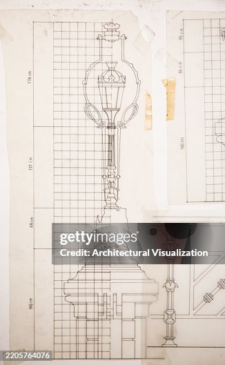 Architectural Drawings Featuring Lamp Posts and Structural Elements of an Old Bridge with Detailed Designs Architectural Drawings Featuring Lamp Posts and Structural Elements of an Old Bridge with Detailed Designs