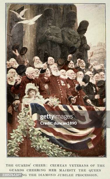 illustrazioni stock, clip art, cartoni animati e icone di tendenza di l'applauso delle guardie, veterani della guerra di crimea che applaudono la regina vittoria, dopo il dipinto di hubert von herkomer, 1890, arte del xix secolo - impero britannico