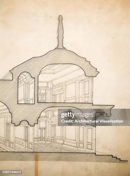 handmade perspective section of classical palace interior - cross section room stock illustrations