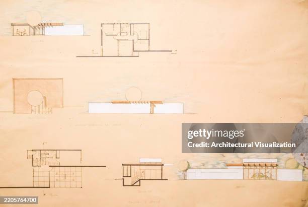architectural design blueprint drawings depicting beautiful unique house building with plans, elevations and sections - house side view illustration stock illustrations